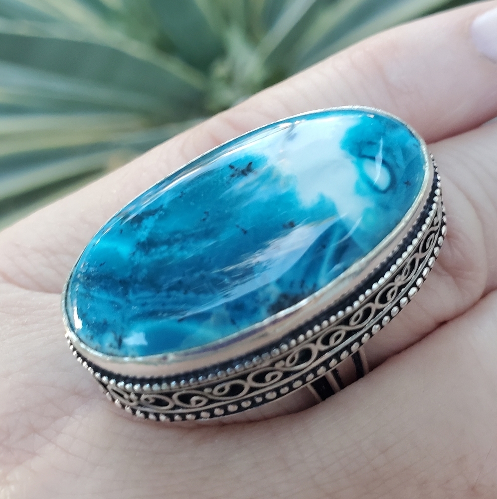 New Oversized Amazing Dendritic Opal 925 Silver Statement Ring.